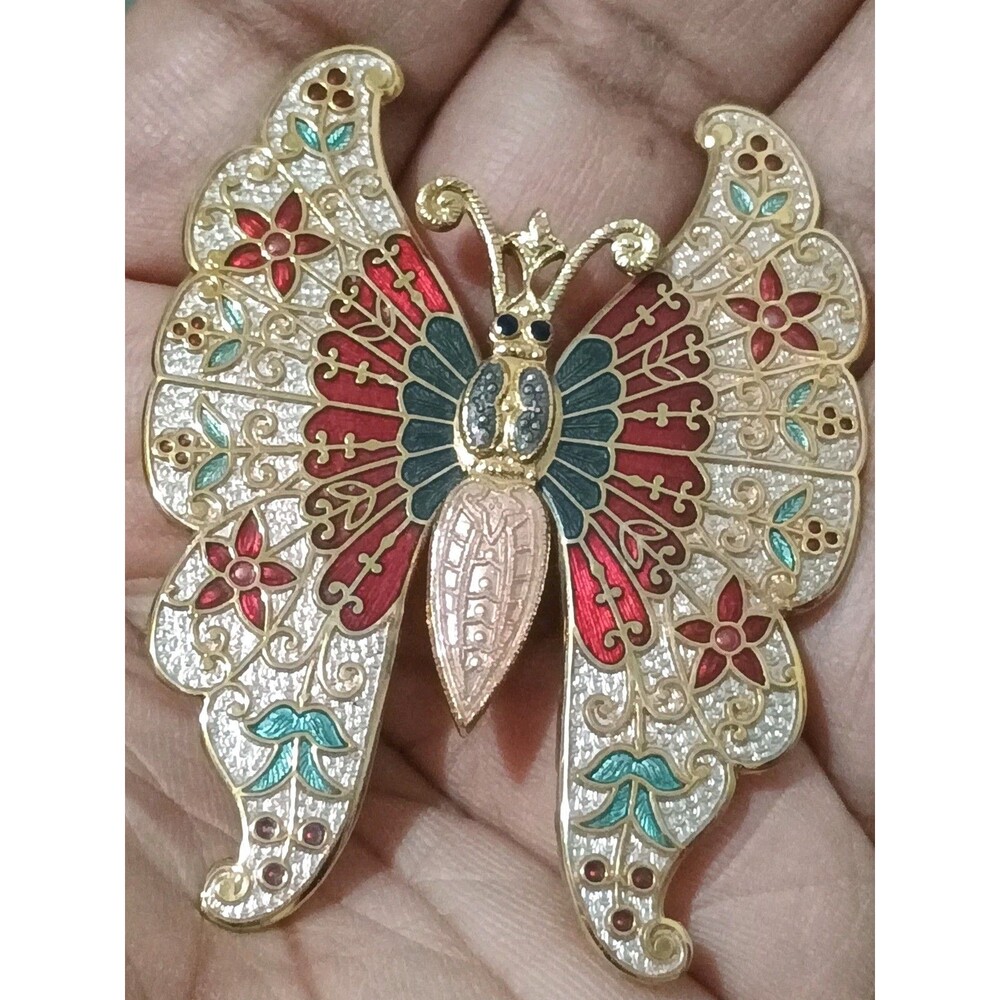 Fish & Crown Butterfly Red Green Pink Guilloche Enamel Gold Tone Vintage Brooch